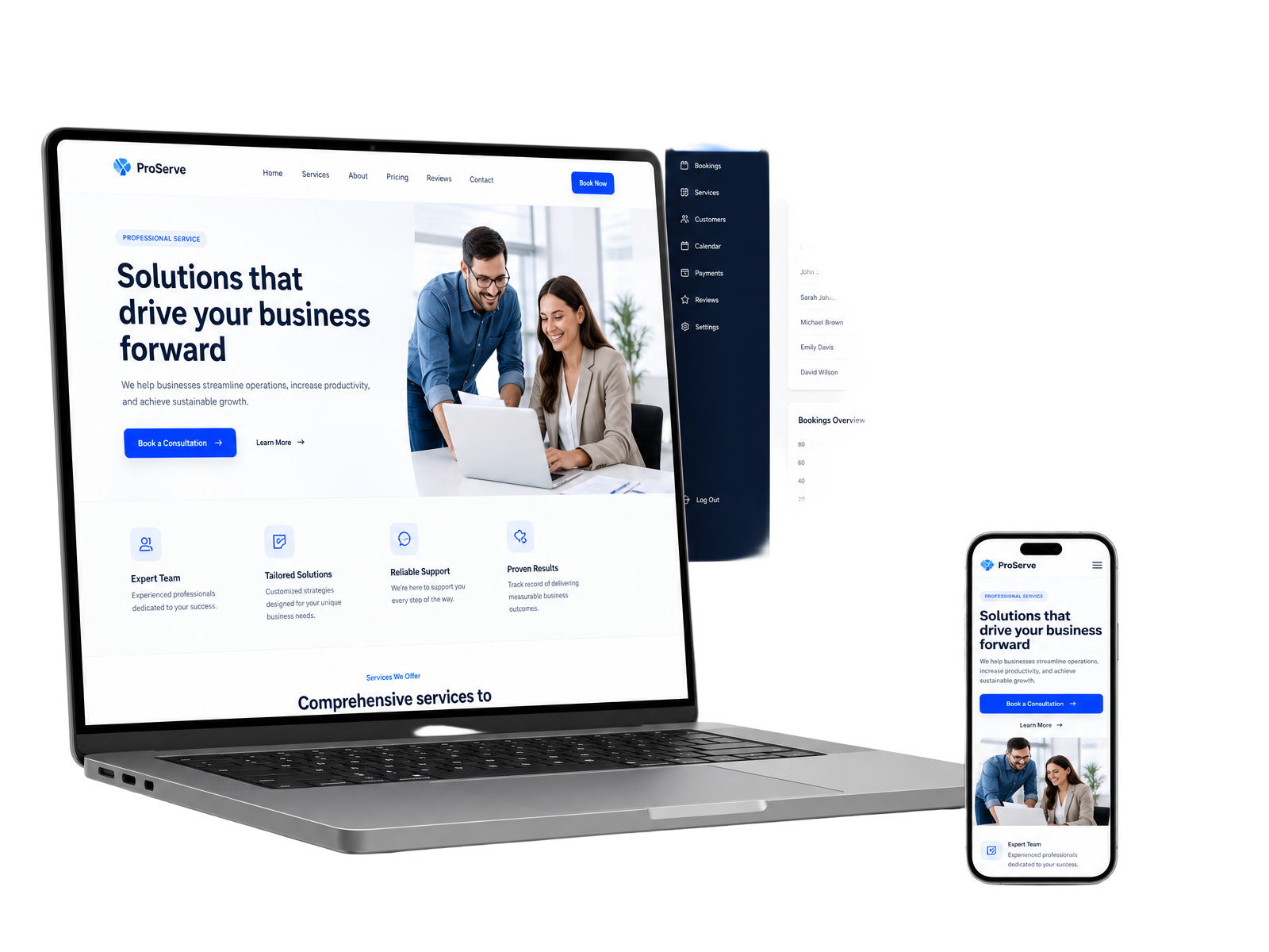 Illustrative mockup of a business website on a laptop, a staff booking dashboard, and the same site on a phone.